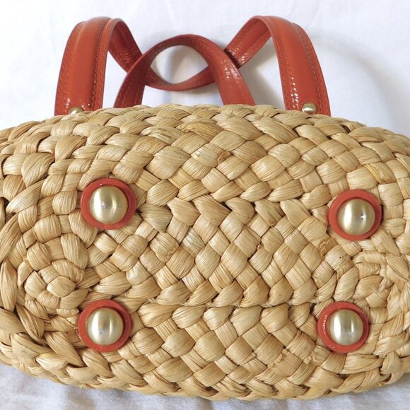 Medium Michael Kors Orange Patent Leather & Straw Tote Handbag Purse - Picture 12 of 13